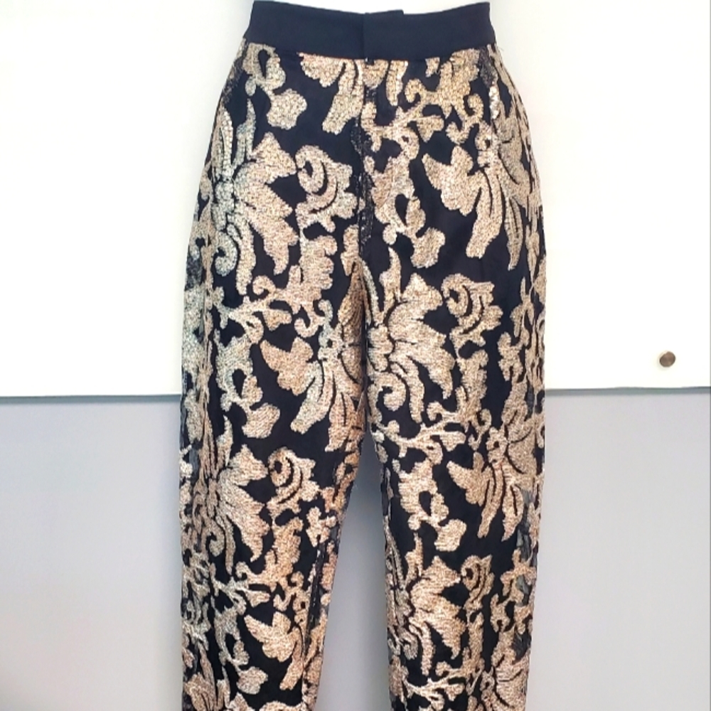 Like NEW JOA Taupe Blk Sequin Embroidered Flat Front Fancy Cigarette Pant Sz S/M